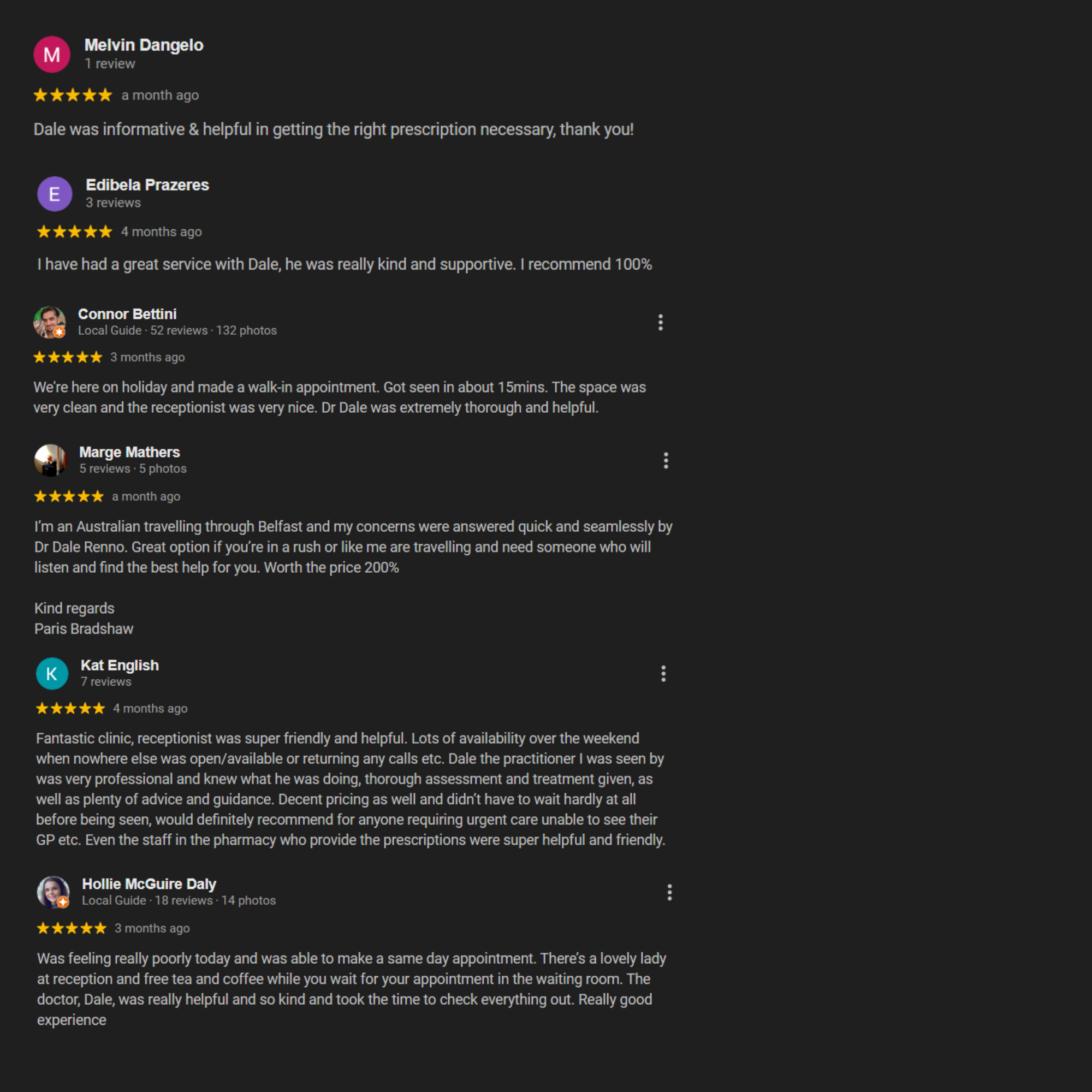 Screenshot showing multiple five-star patient reviews