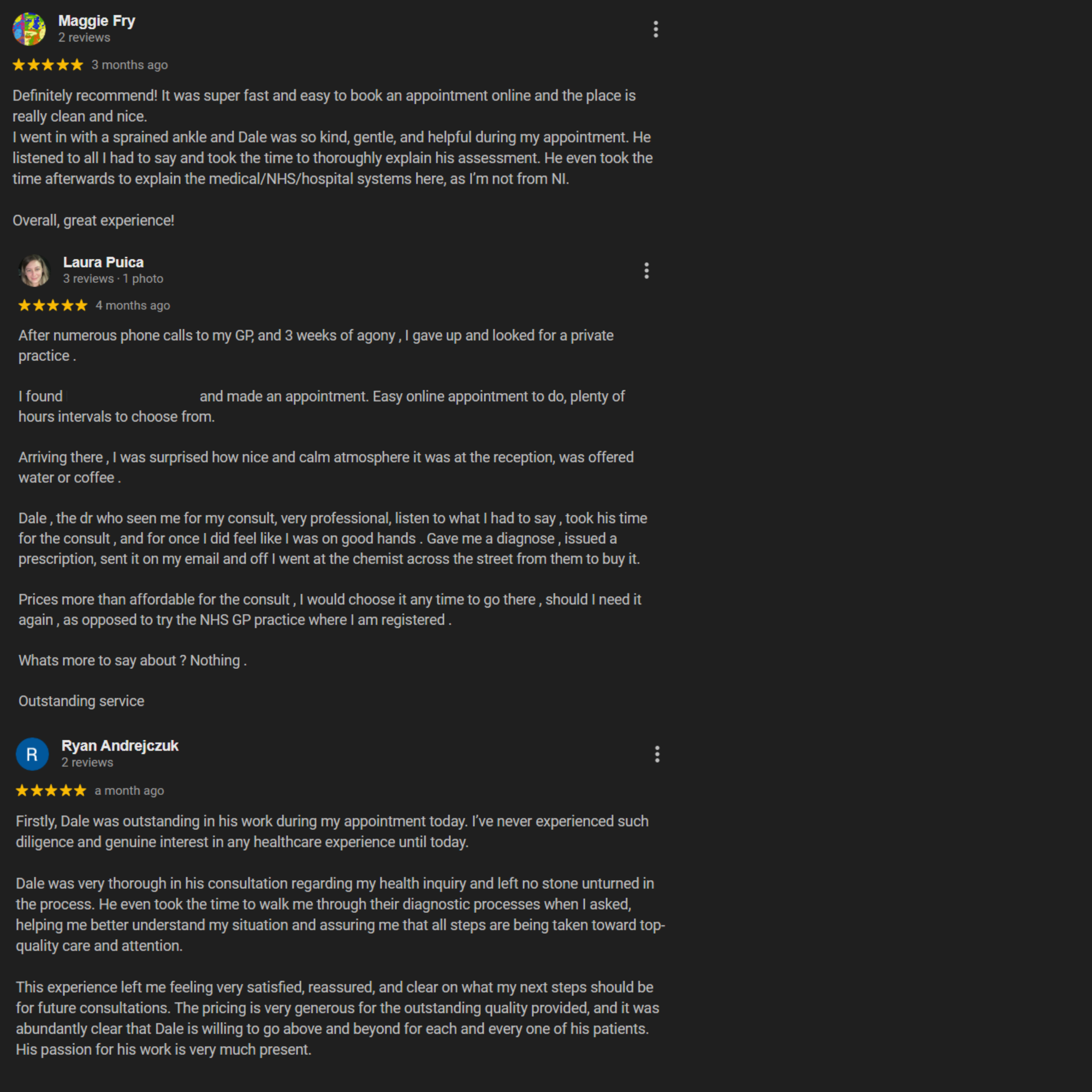 Screenshot showing additional five-star patient reviews